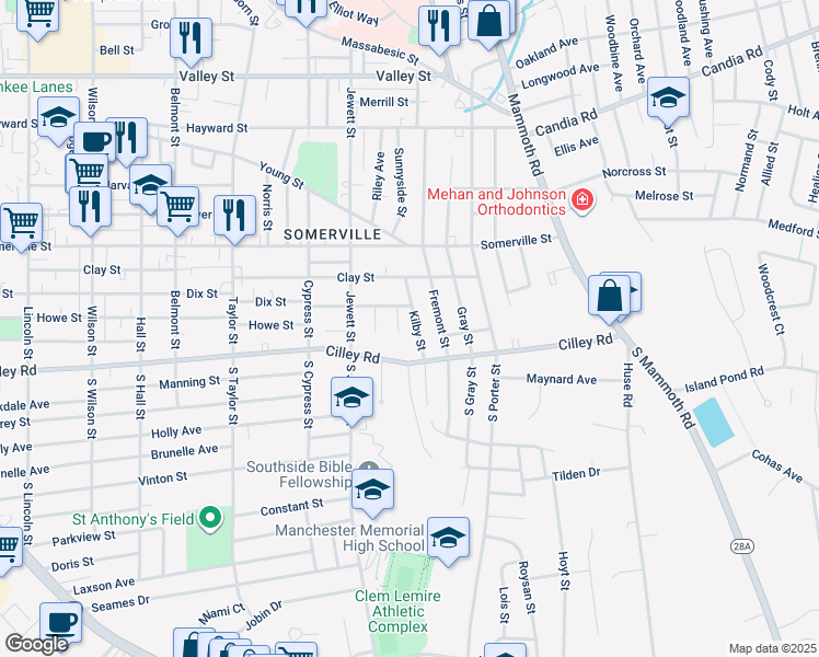 map of restaurants, bars, coffee shops, grocery stores, and more near 75 Moody Street in Manchester
