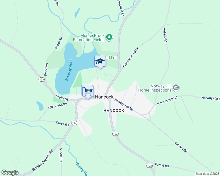 map of restaurants, bars, coffee shops, grocery stores, and more near 3 Main Street in Hancock