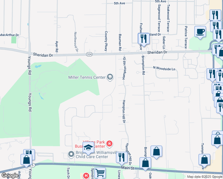 map of restaurants, bars, coffee shops, grocery stores, and more near 135 Northill Dr in Erie County
