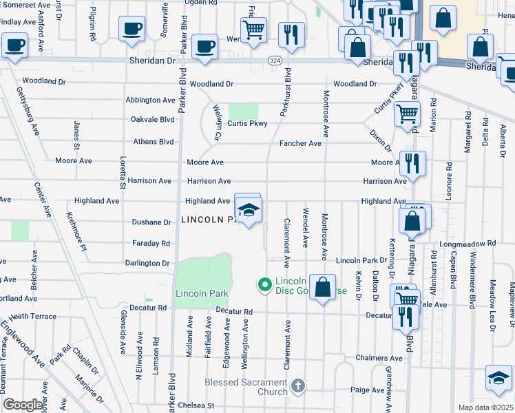 map of restaurants, bars, coffee shops, grocery stores, and more near 543 Parkhurst Boulevard in Erie County