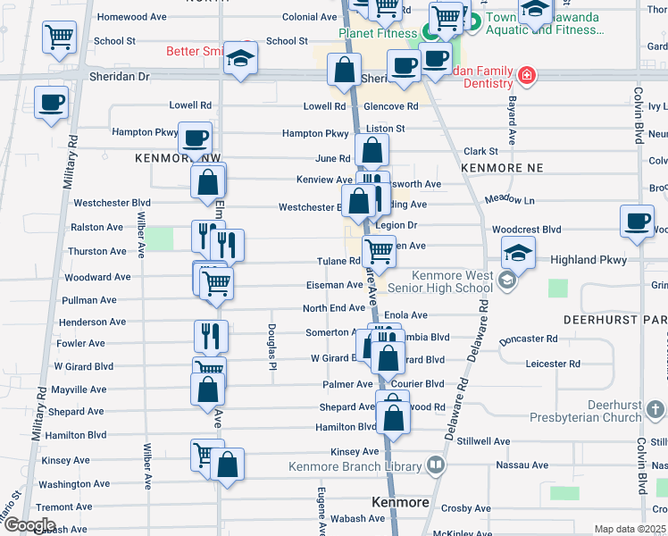 map of restaurants, bars, coffee shops, grocery stores, and more near 38 Eiseman Avenue in Buffalo