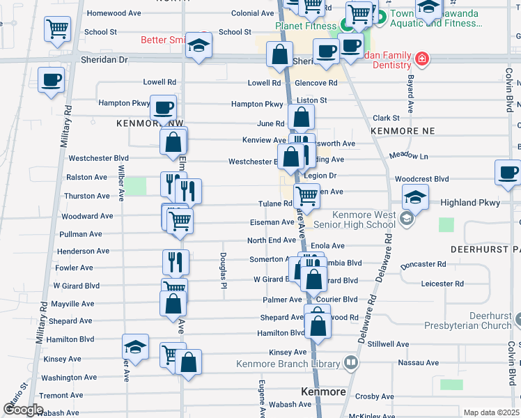 map of restaurants, bars, coffee shops, grocery stores, and more near 79 Eiseman Avenue in Buffalo