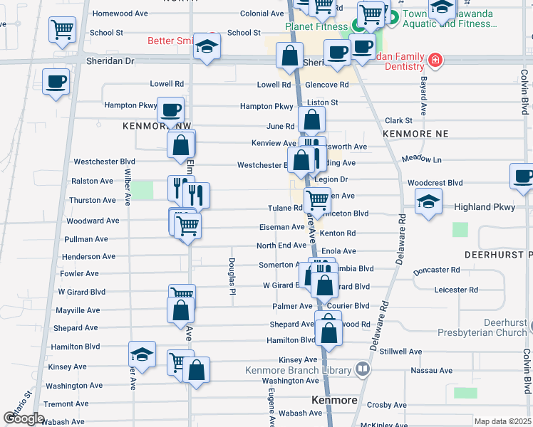 map of restaurants, bars, coffee shops, grocery stores, and more near 79 Eiseman Avenue in Buffalo