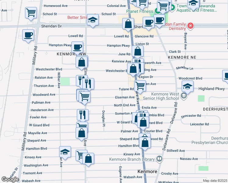 map of restaurants, bars, coffee shops, grocery stores, and more near 79 Eiseman Avenue in Buffalo