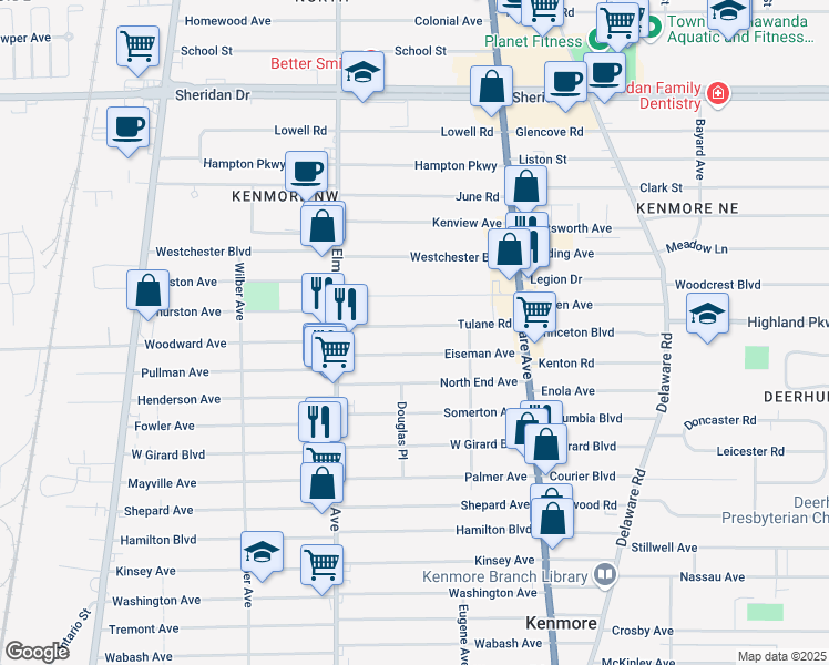 map of restaurants, bars, coffee shops, grocery stores, and more near 123 Eiseman Avenue in Buffalo