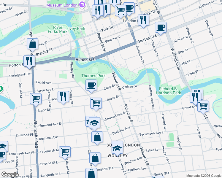 map of restaurants, bars, coffee shops, grocery stores, and more near 190 Bruce Street in London