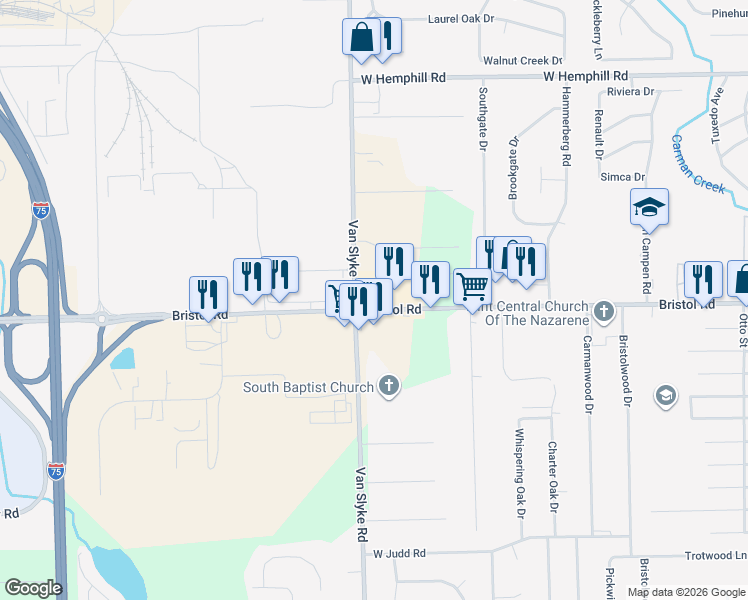 map of restaurants, bars, coffee shops, grocery stores, and more near 1519 West Bristol Road in Flint