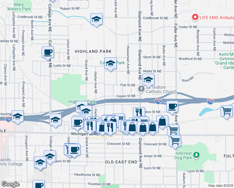map of restaurants, bars, coffee shops, grocery stores, and more near 603 Emerald Avenue Northeast in Grand Rapids
