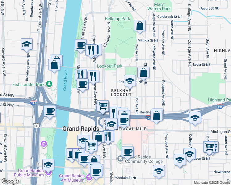 map of restaurants, bars, coffee shops, grocery stores, and more near 4 Trowbridge Street Northwest in Grand Rapids
