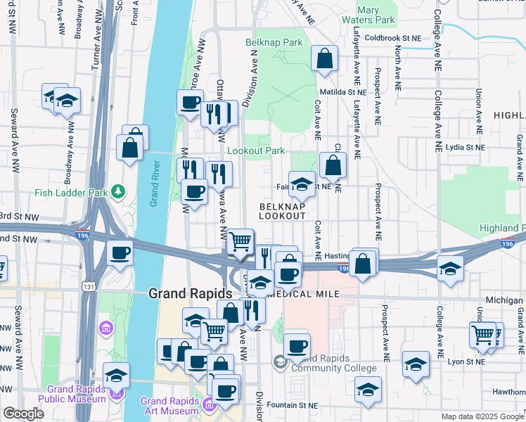 map of restaurants, bars, coffee shops, grocery stores, and more near 4 Trowbridge Street Northwest in Grand Rapids