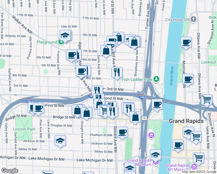 map of restaurants, bars, coffee shops, grocery stores, and more near 533 Second Street Northwest in Grand Rapids