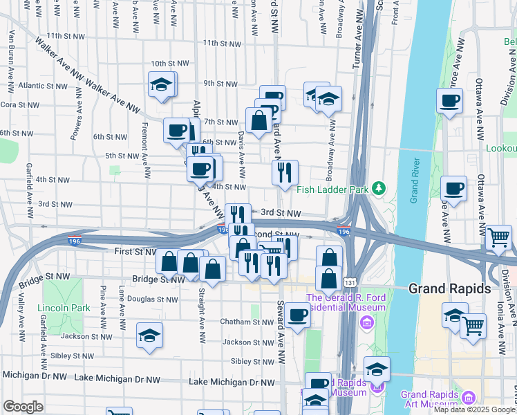 map of restaurants, bars, coffee shops, grocery stores, and more near 641 3rd Street Northwest in Grand Rapids