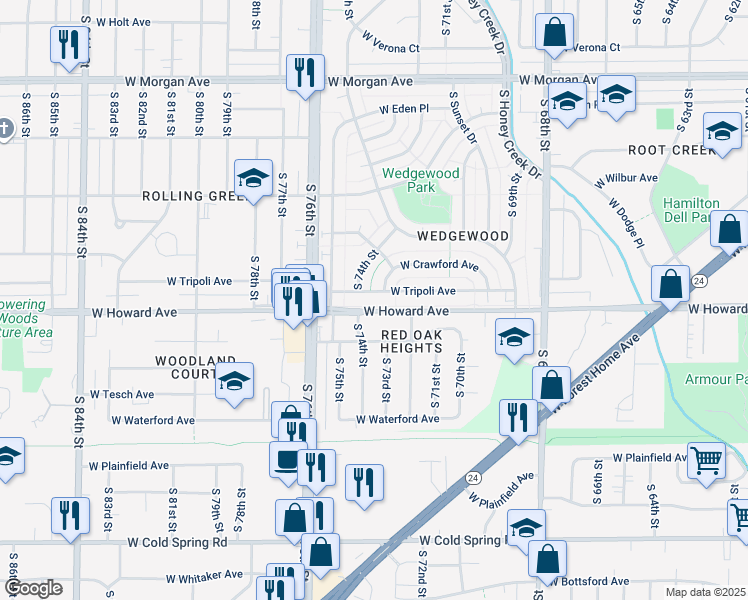 map of restaurants, bars, coffee shops, grocery stores, and more near 7329 West Howard Avenue in Milwaukee