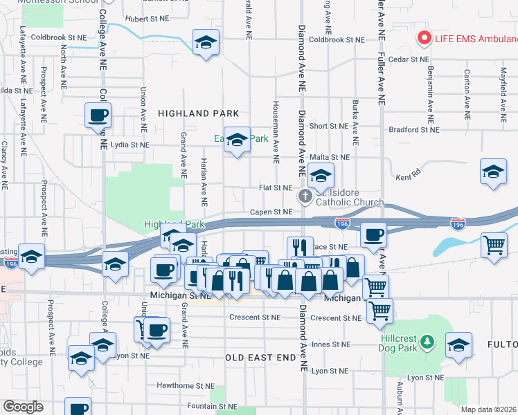map of restaurants, bars, coffee shops, grocery stores, and more near 855 Capen Street Northeast in Grand Rapids