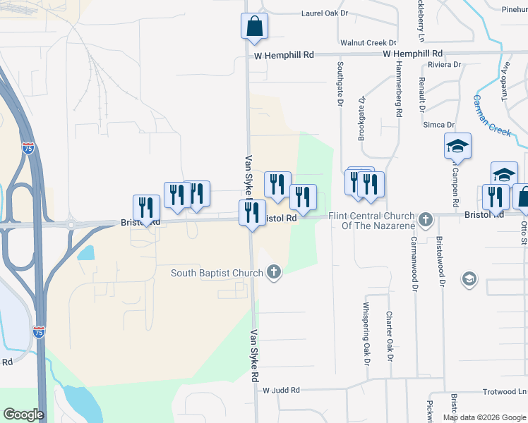 map of restaurants, bars, coffee shops, grocery stores, and more near 1519 West Bristol Road in Flint