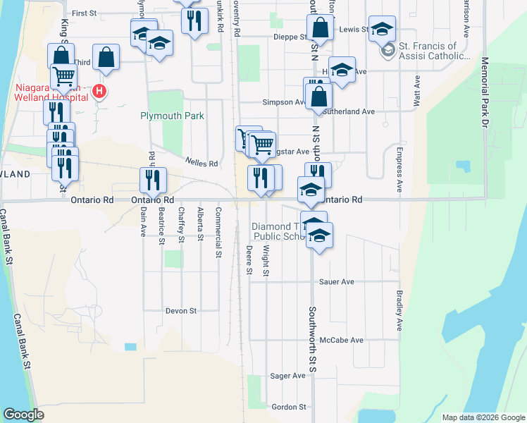 map of restaurants, bars, coffee shops, grocery stores, and more near 61 Wright Street in Welland