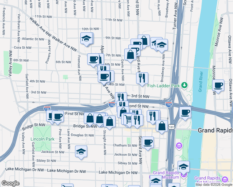 map of restaurants, bars, coffee shops, grocery stores, and more near 570 Stocking Avenue Northwest in Grand Rapids