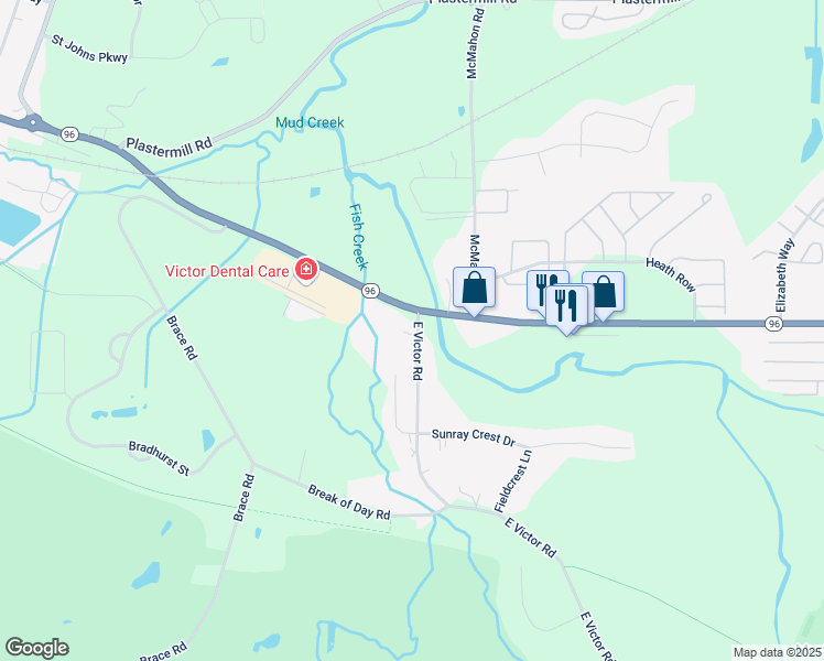 map of restaurants, bars, coffee shops, grocery stores, and more near 1296 East Victor Road in Victor