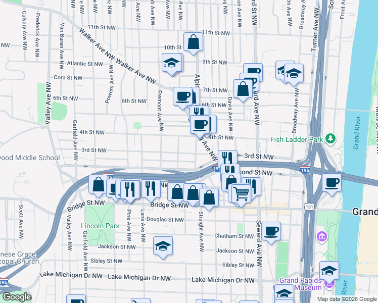 map of restaurants, bars, coffee shops, grocery stores, and more near 815 Second Street Northwest in Grand Rapids