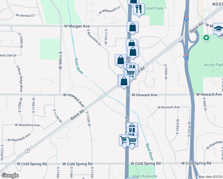 map of restaurants, bars, coffee shops, grocery stores, and more near Beloit Road in Milwaukee