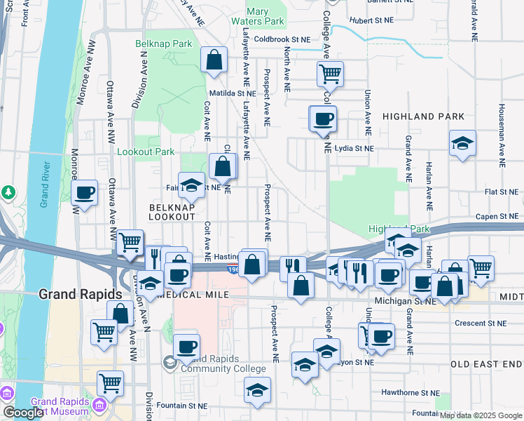 map of restaurants, bars, coffee shops, grocery stores, and more near 615 Prospect Avenue Northeast in Grand Rapids