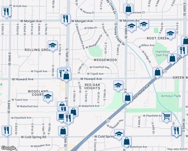 map of restaurants, bars, coffee shops, grocery stores, and more near 7211 West Tripoli Avenue in Milwaukee