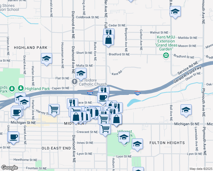 map of restaurants, bars, coffee shops, grocery stores, and more near 728 Fuller Avenue Northeast in Grand Rapids