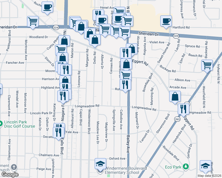 map of restaurants, bars, coffee shops, grocery stores, and more near Carmen Road & Ruth Drive in Buffalo