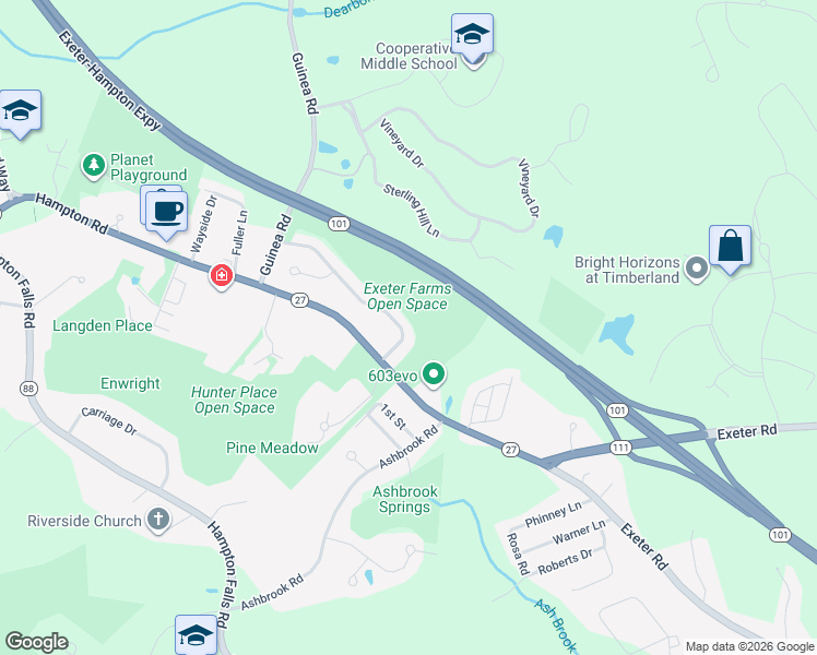 map of restaurants, bars, coffee shops, grocery stores, and more near 10 Exeter Farms Road in Exeter