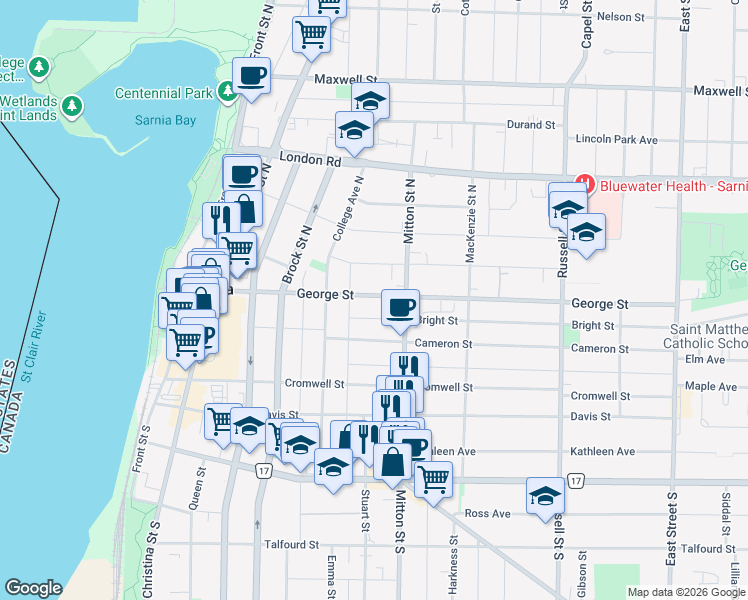map of restaurants, bars, coffee shops, grocery stores, and more near 291 George Street in Sarnia