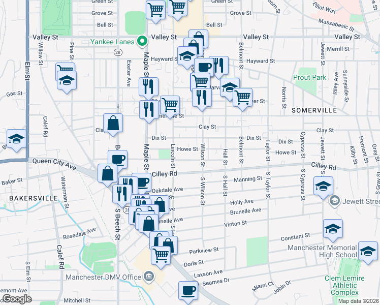 map of restaurants, bars, coffee shops, grocery stores, and more near 533 Shasta Street in Manchester