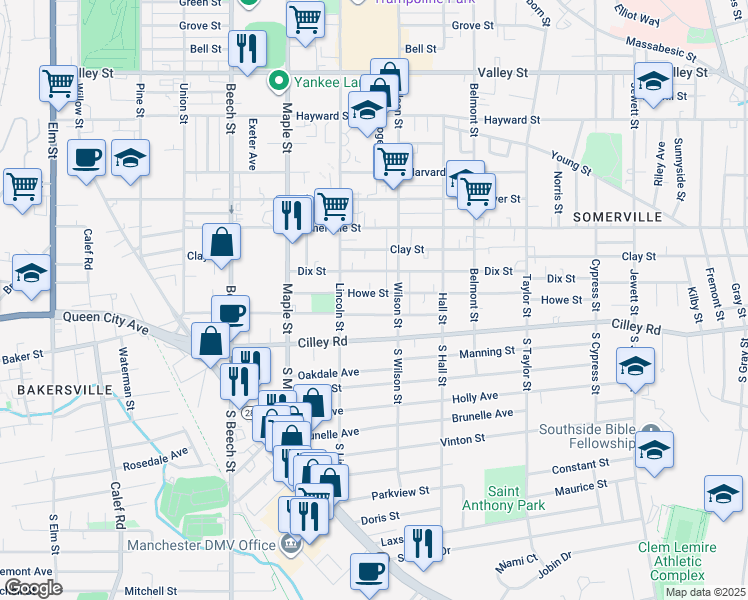 map of restaurants, bars, coffee shops, grocery stores, and more near 533 Shasta Street in Manchester