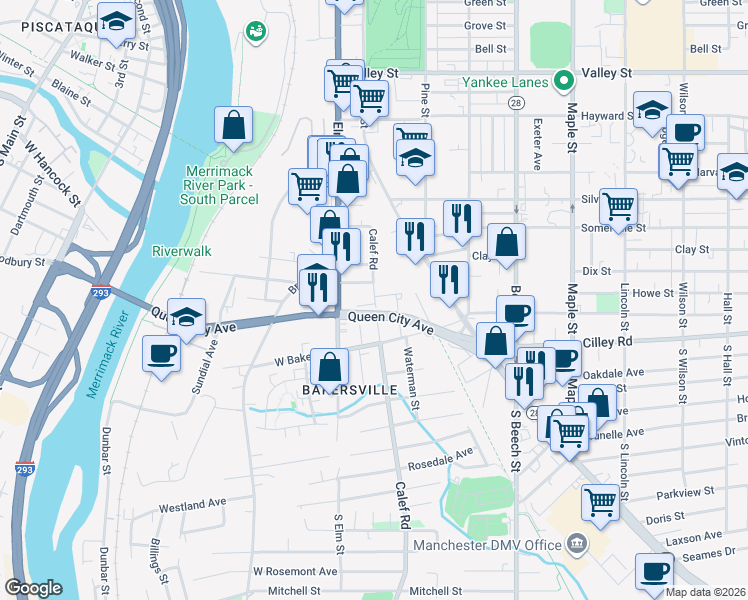 map of restaurants, bars, coffee shops, grocery stores, and more near 160 Calef Road in Manchester