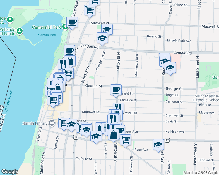 map of restaurants, bars, coffee shops, grocery stores, and more near in Sarnia
