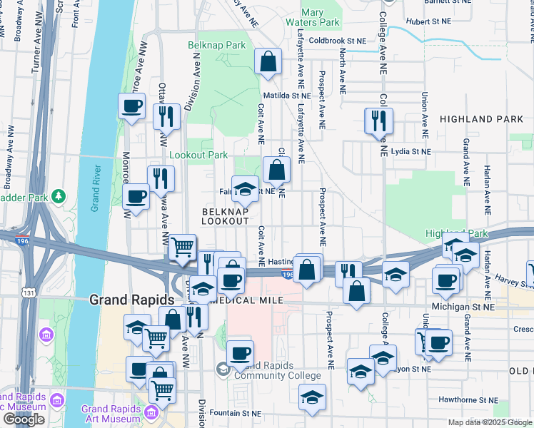 map of restaurants, bars, coffee shops, grocery stores, and more near 547 Clancy Avenue Northeast in Grand Rapids