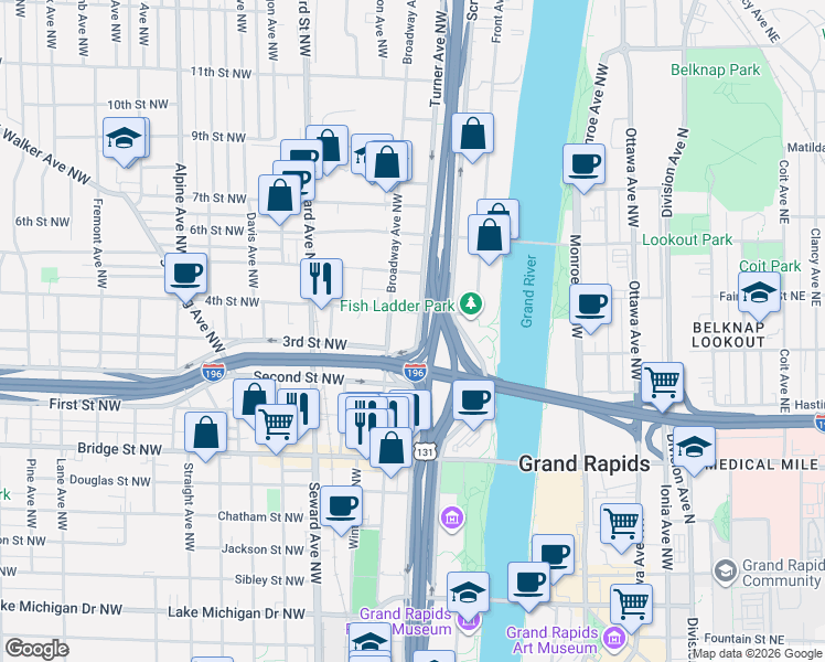 map of restaurants, bars, coffee shops, grocery stores, and more near 600 Broadway Avenue Northwest in Grand Rapids