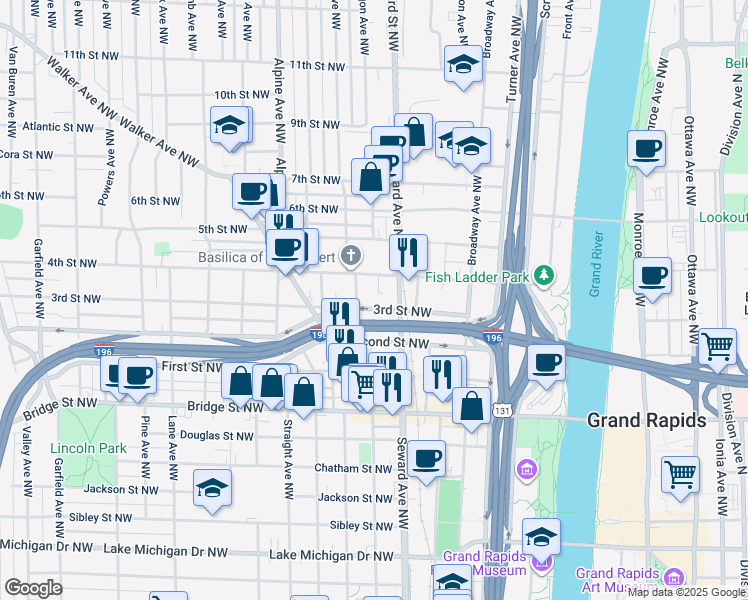 map of restaurants, bars, coffee shops, grocery stores, and more near 641 3rd Street Northwest in Grand Rapids