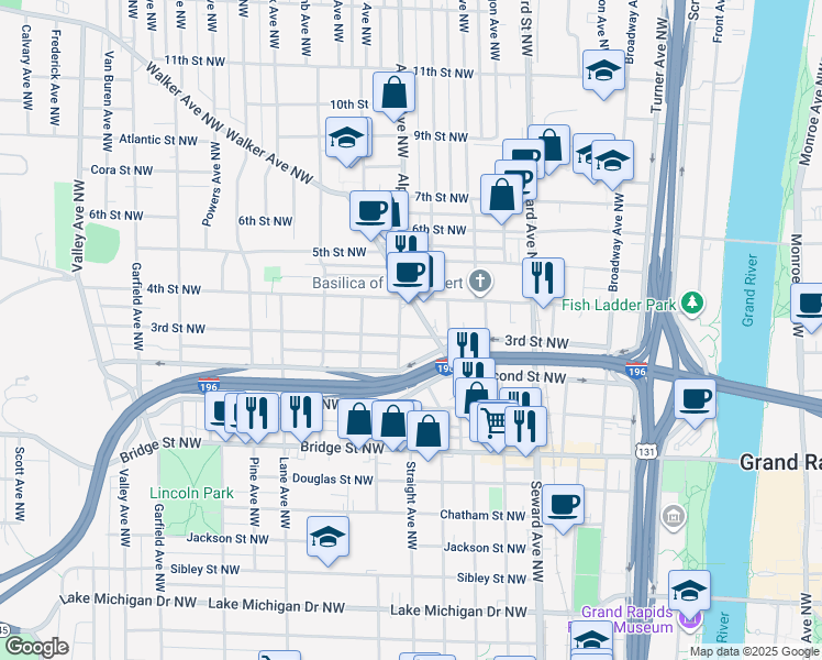 map of restaurants, bars, coffee shops, grocery stores, and more near 725 Blymier Court Northwest in Grand Rapids