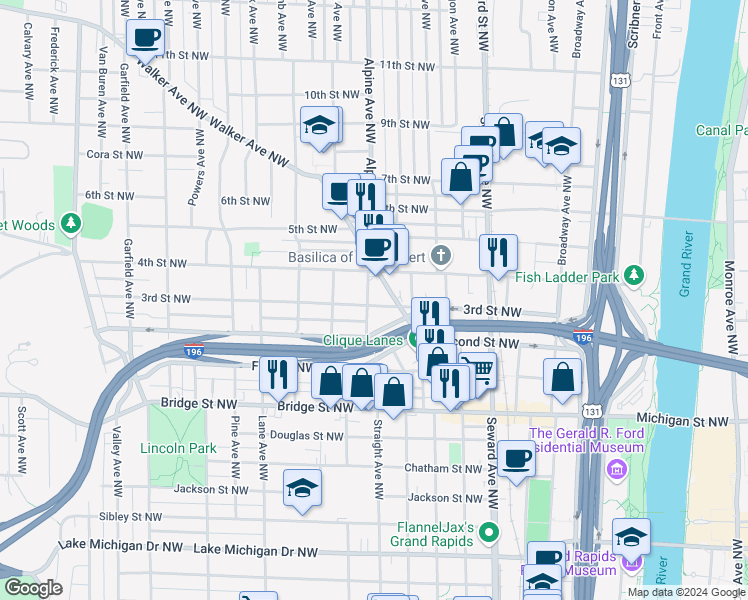 map of restaurants, bars, coffee shops, grocery stores, and more near 725 Blymier Court Northwest in Grand Rapids