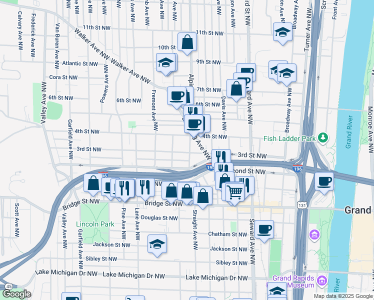map of restaurants, bars, coffee shops, grocery stores, and more near 815 Second Street Northwest in Grand Rapids