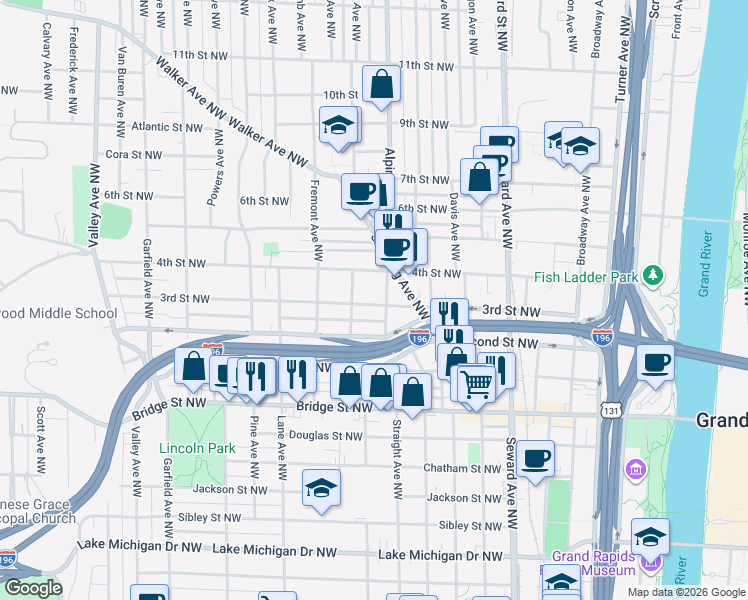 map of restaurants, bars, coffee shops, grocery stores, and more near 815 Second Street Northwest in Grand Rapids