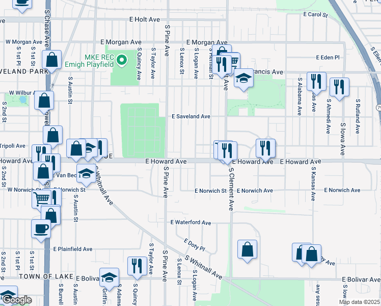 map of restaurants, bars, coffee shops, grocery stores, and more near 1001 East Howard Avenue in Milwaukee