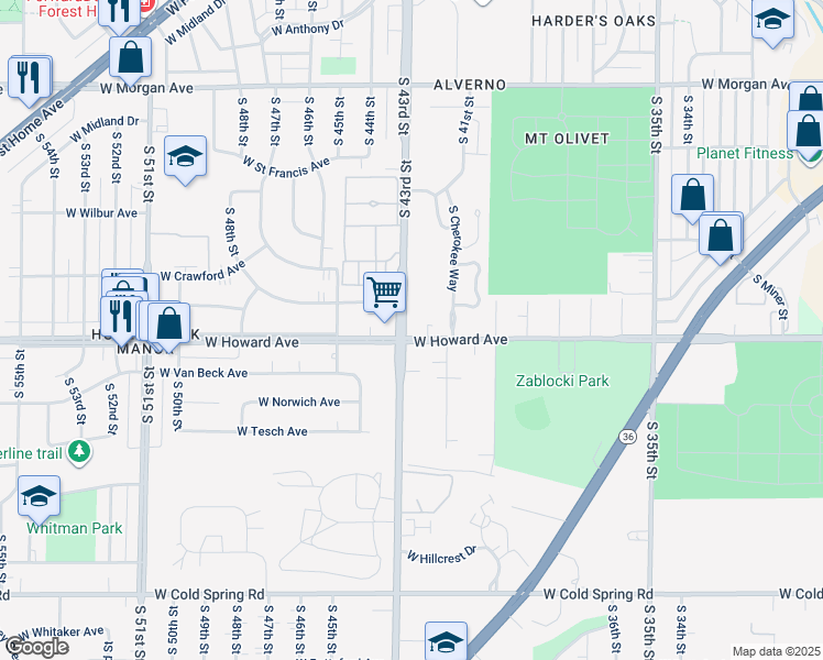 map of restaurants, bars, coffee shops, grocery stores, and more near 4221 West Howard Avenue in Greenfield
