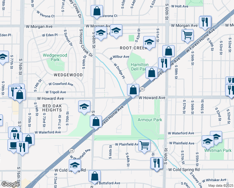 map of restaurants, bars, coffee shops, grocery stores, and more near 6483 West Howard Avenue in Milwaukee