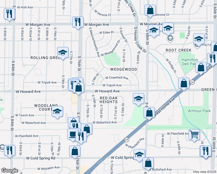 map of restaurants, bars, coffee shops, grocery stores, and more near 7151 West Howard Avenue in Milwaukee