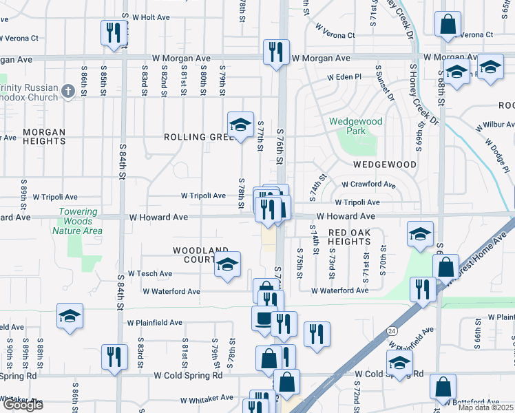 map of restaurants, bars, coffee shops, grocery stores, and more near 3919 South 76th Street in Milwaukee