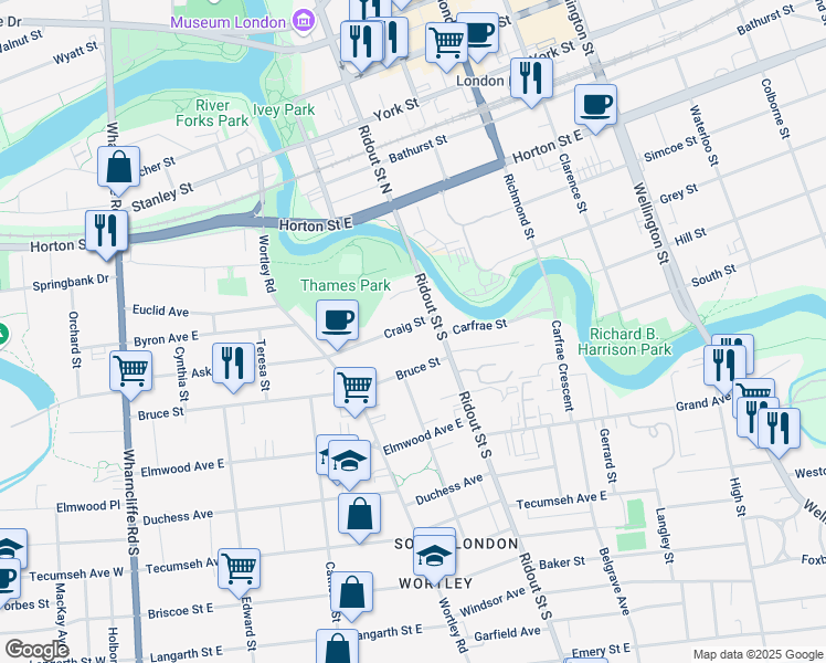 map of restaurants, bars, coffee shops, grocery stores, and more near 18 Craig Street in London