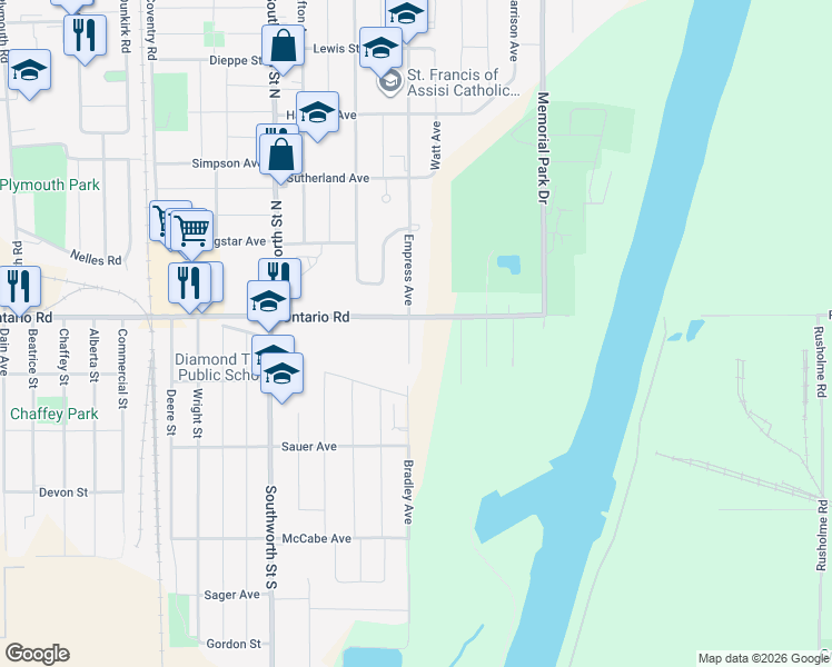 map of restaurants, bars, coffee shops, grocery stores, and more near 5 Morwood Avenue in Welland
