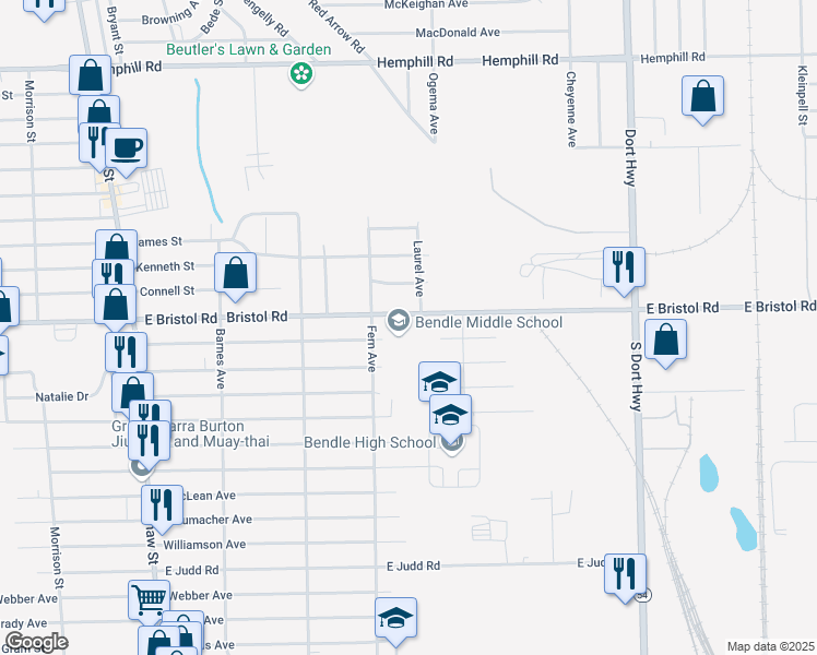 map of restaurants, bars, coffee shops, grocery stores, and more near 2294 East Bristol Road in Burton
