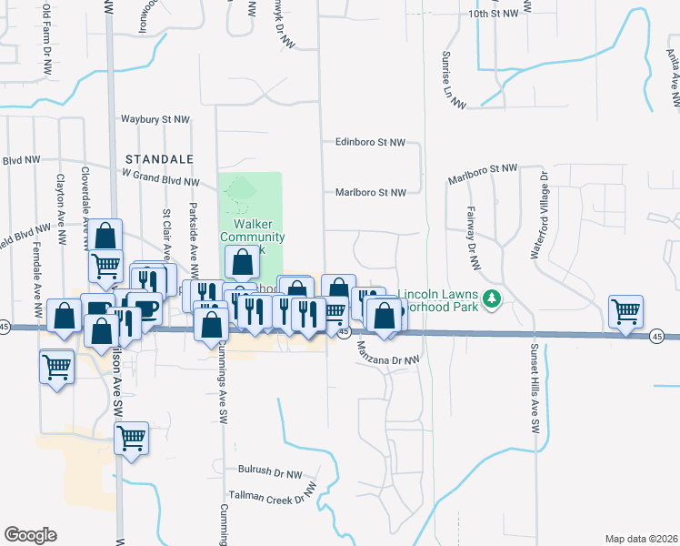 map of restaurants, bars, coffee shops, grocery stores, and more near 478 Kinney Avenue Northwest in Walker